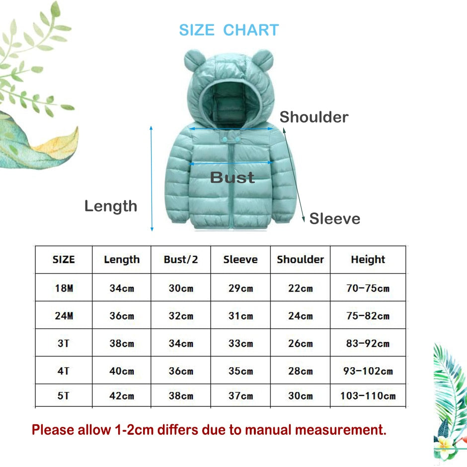 Cute Baby Girls Jacket Kids Boys Light Down Coats With Ear Hoodie Spring Girl Clothes Infant Children&#39;s Clothing For Boys Coat