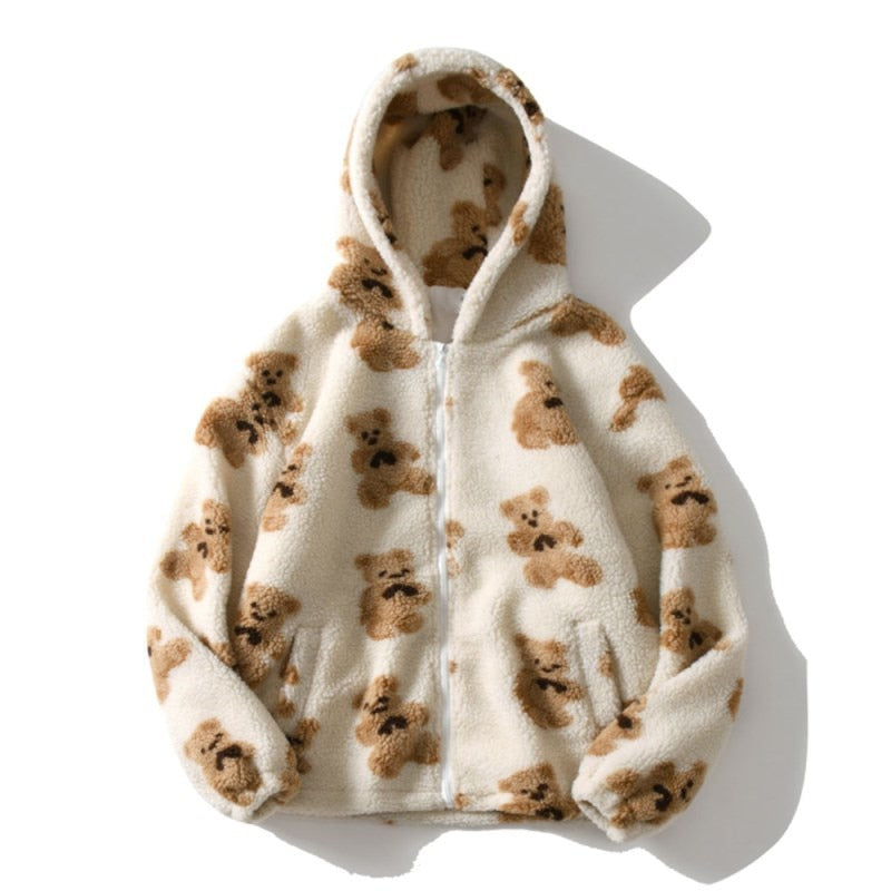 ZITY Cartoon Bear Fleece Hooded Jackets Women Casual Hoodie Female Zip Up Sweatshirt Teddy Coat Warm Hoodies Couple Clothes